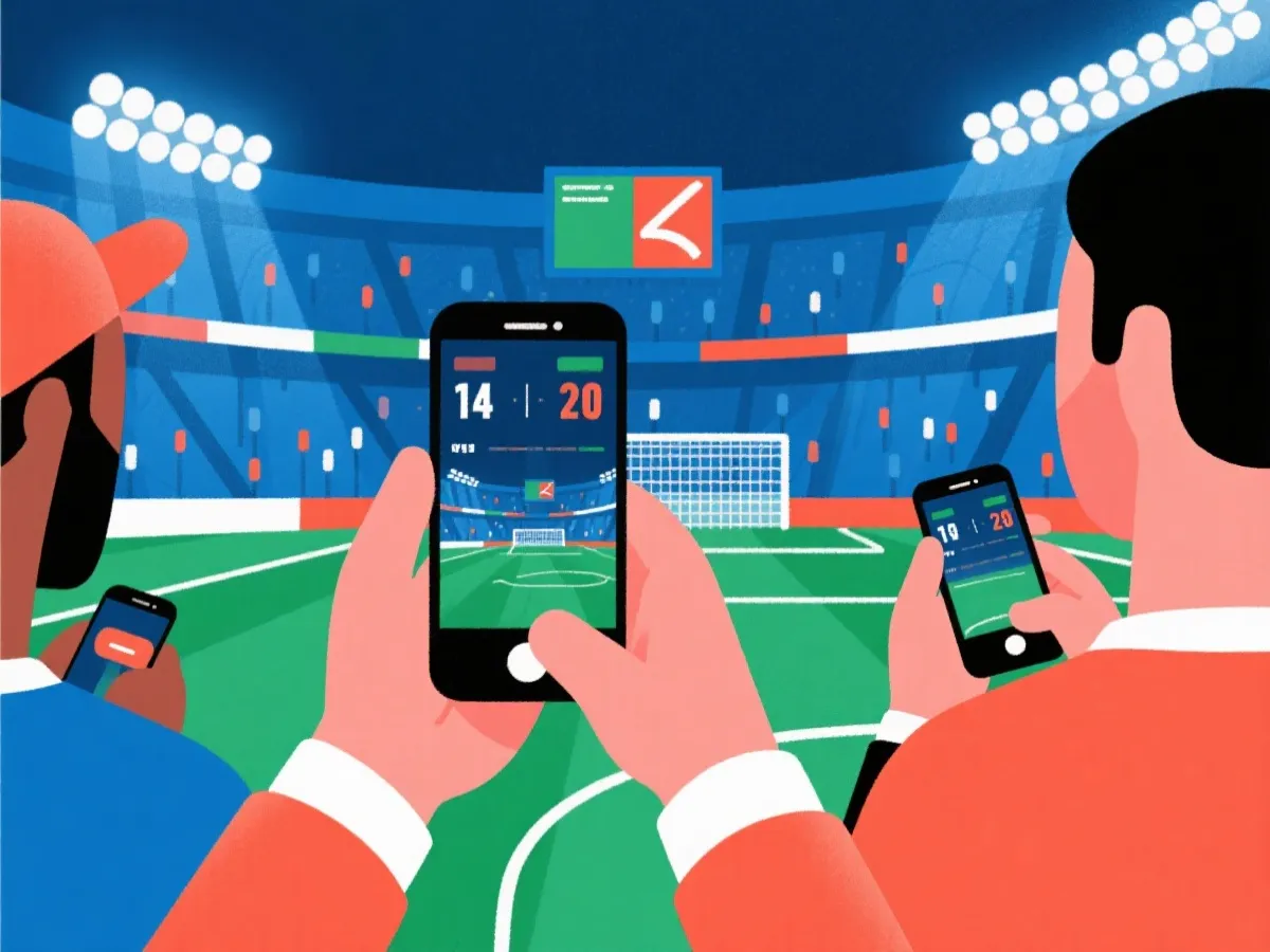 球迷通过手机查看世界杯实时比分的示意图